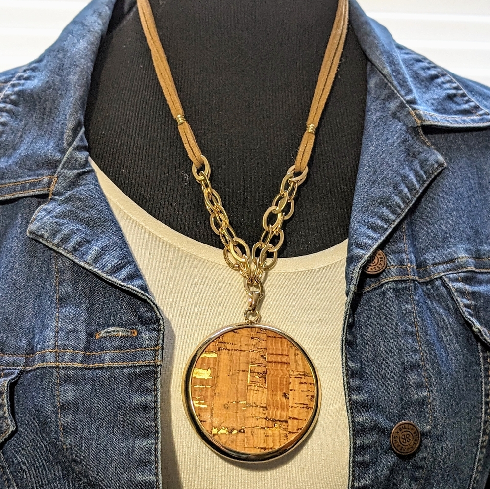 Chicos Large Round Cork Pendant Leather Cord Necklace